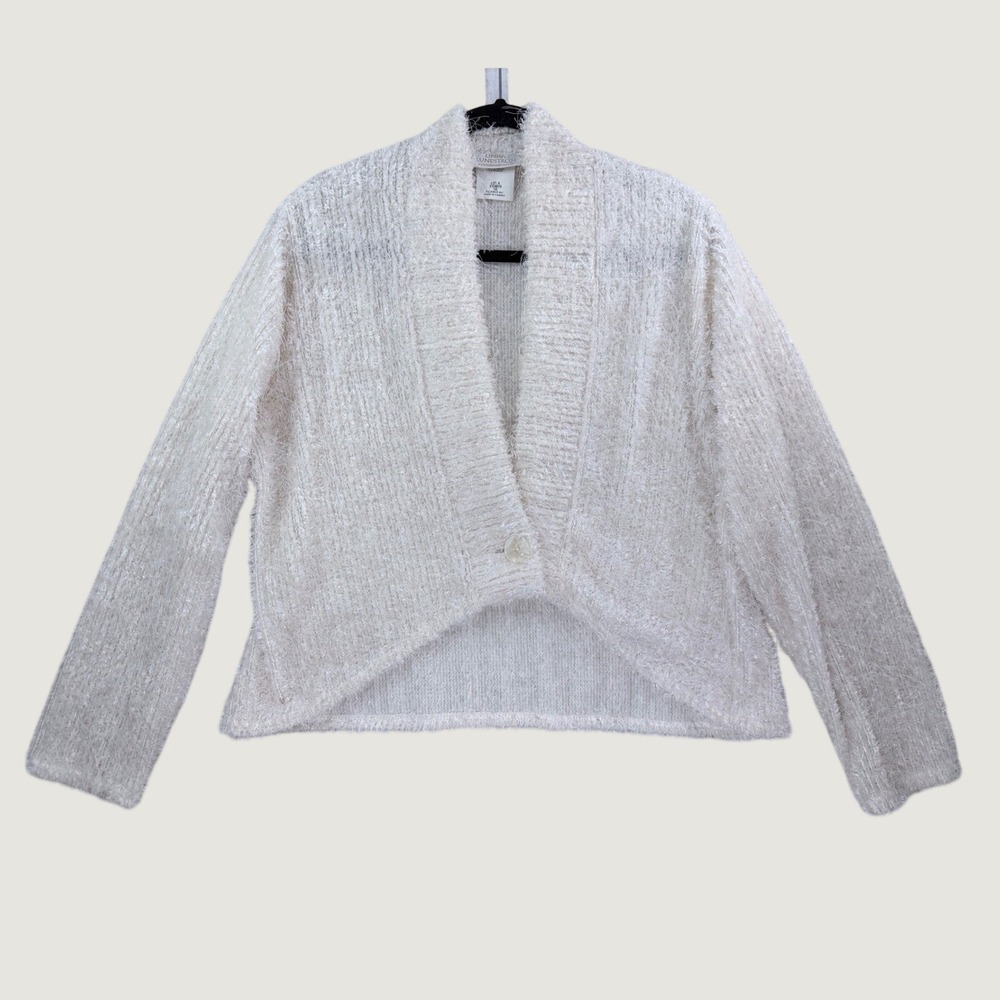 Linda Lundstrom Cardigan Women 16 Cream Excellent Fuzzy Eyelash Knit Cropped